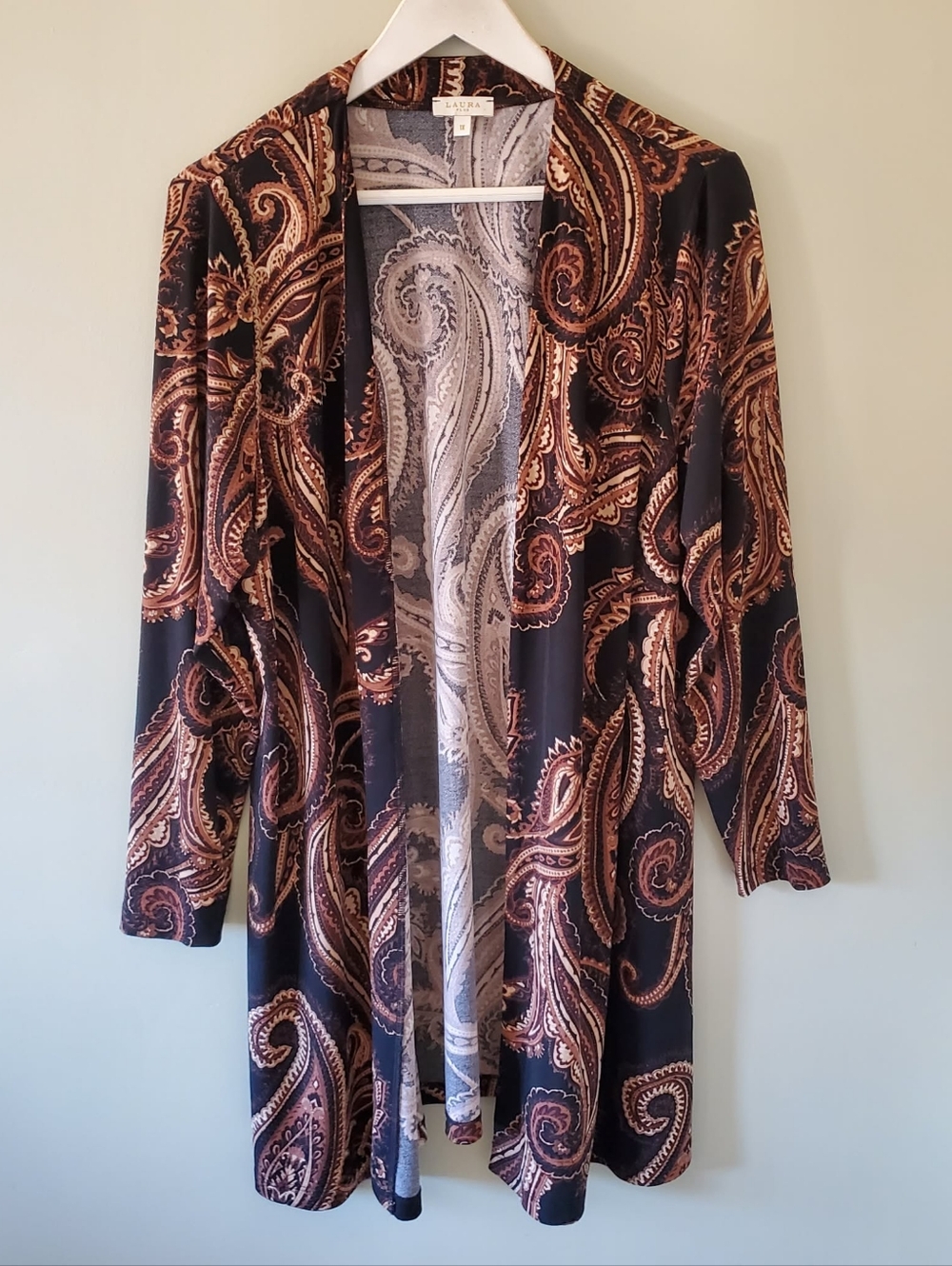 Laura 1X Modern Bohemian Hippie Resortwear Earthy Paisley Silk Knit Long Kimono - Picture 7 of 12